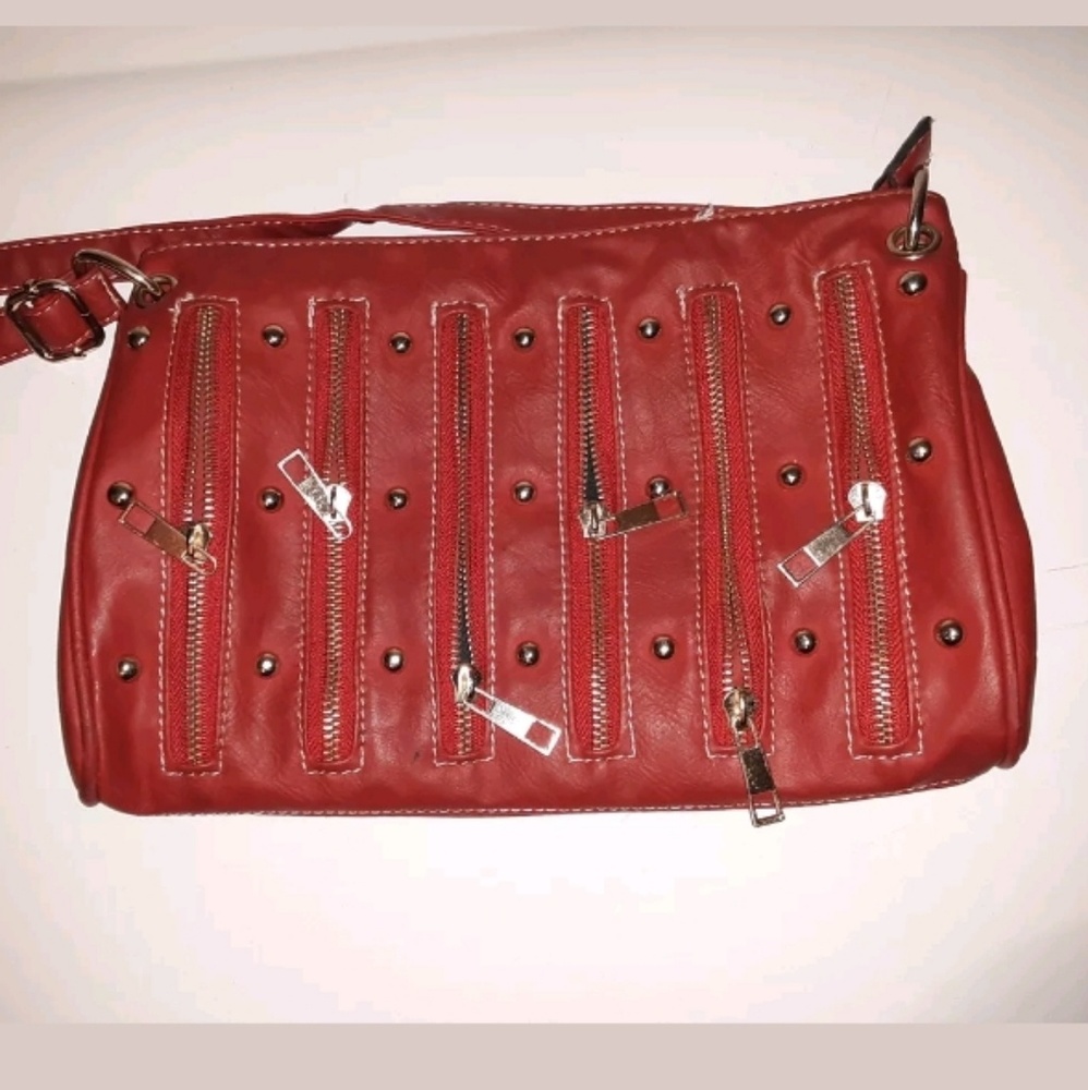 Red Vegan Leather Zippered Studded Shoulder Bag